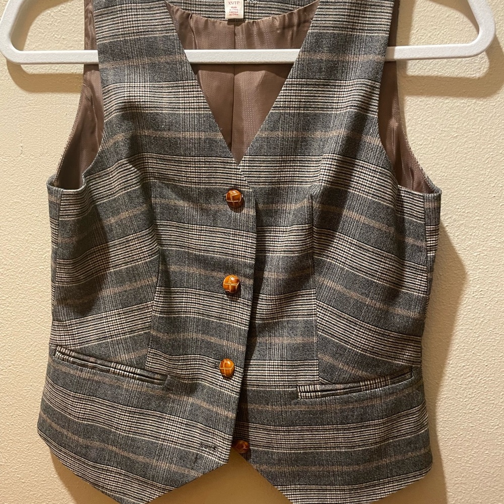 Gray and Brown Plaid Vest with Brown Buttons